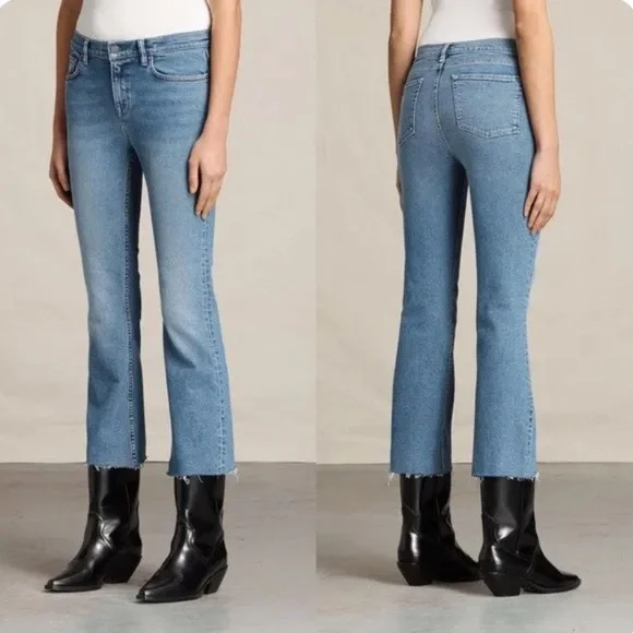 All Saints Zoe Cropped Bootcut Jeans in Light Indigo Blue - Picture 1 of 9